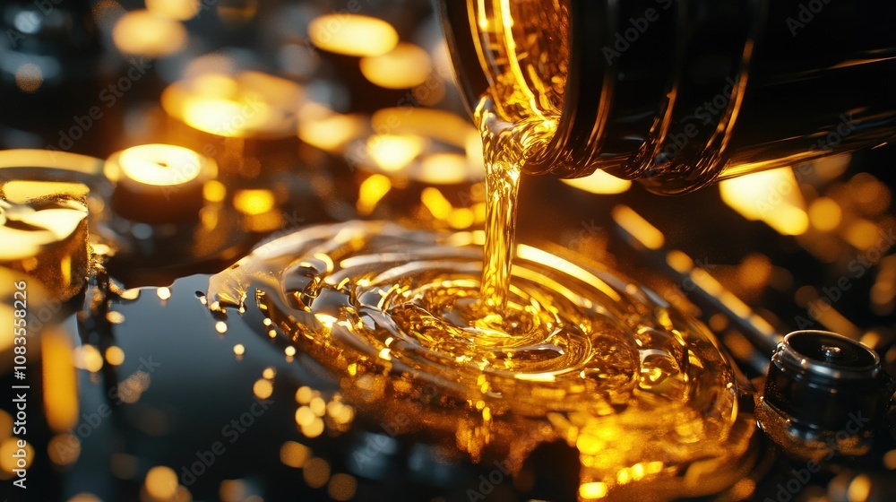 Poster close-up of golden liquid pouring from bottle, creating ripples on reflective surface with soft glow