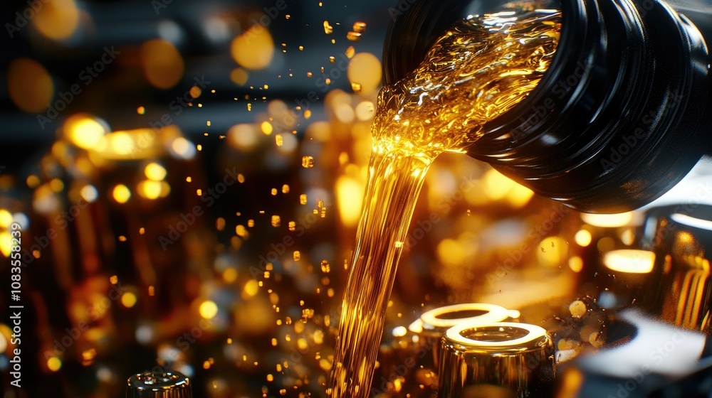 Poster Glimmering Golden Engine Oil Splashing from a Bottle in a Mechanic Workshop with Bokeh Highlights and Engine Components in the Background