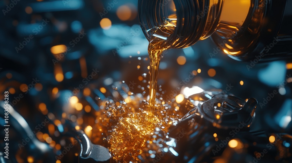 Poster viscous engine oil pouring into mechanic components with sparkling droplets and reflections in an in