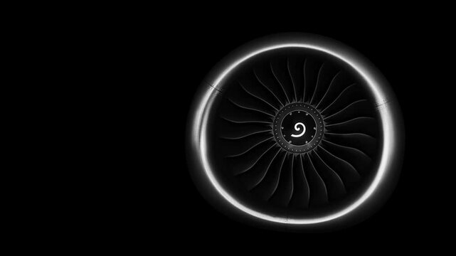 Jet engine against a black background, showcasing the spinning details of the aircraft's turbojet, highlighting its power and precision. Perfect for any aviation, engineering or aerospace technology.