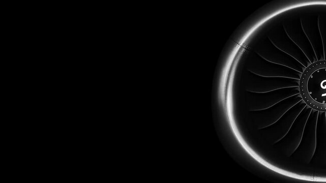 Jet engine against a black background, showcasing the spinning details of the aircraft's turbojet, highlighting its power and precision. Perfect for any aviation, engineering or aerospace technology.