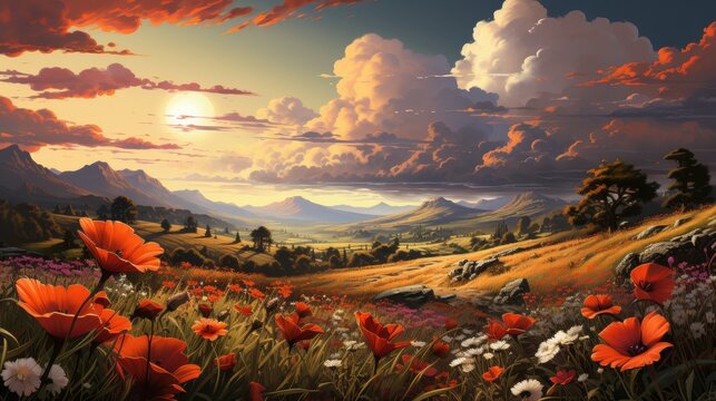 Expansive colorful landscape featuring red flowers, rolling hills, and dramatic clouds illuminated by warm light. Scenic and peaceful.