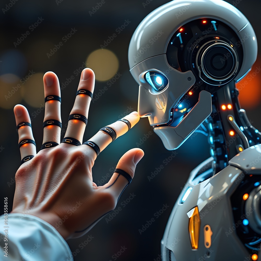 Poster A Detailed Exploration of a Robotic Finger Touching an AI Interface Displaying Scales and Holograms Representing Ethical Codes in the Technological Realm