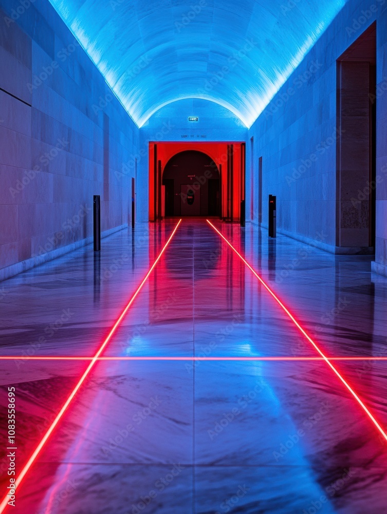Poster red laser beams form a striking pattern across a modern hallway, enhanced by blue ambient lighting t
