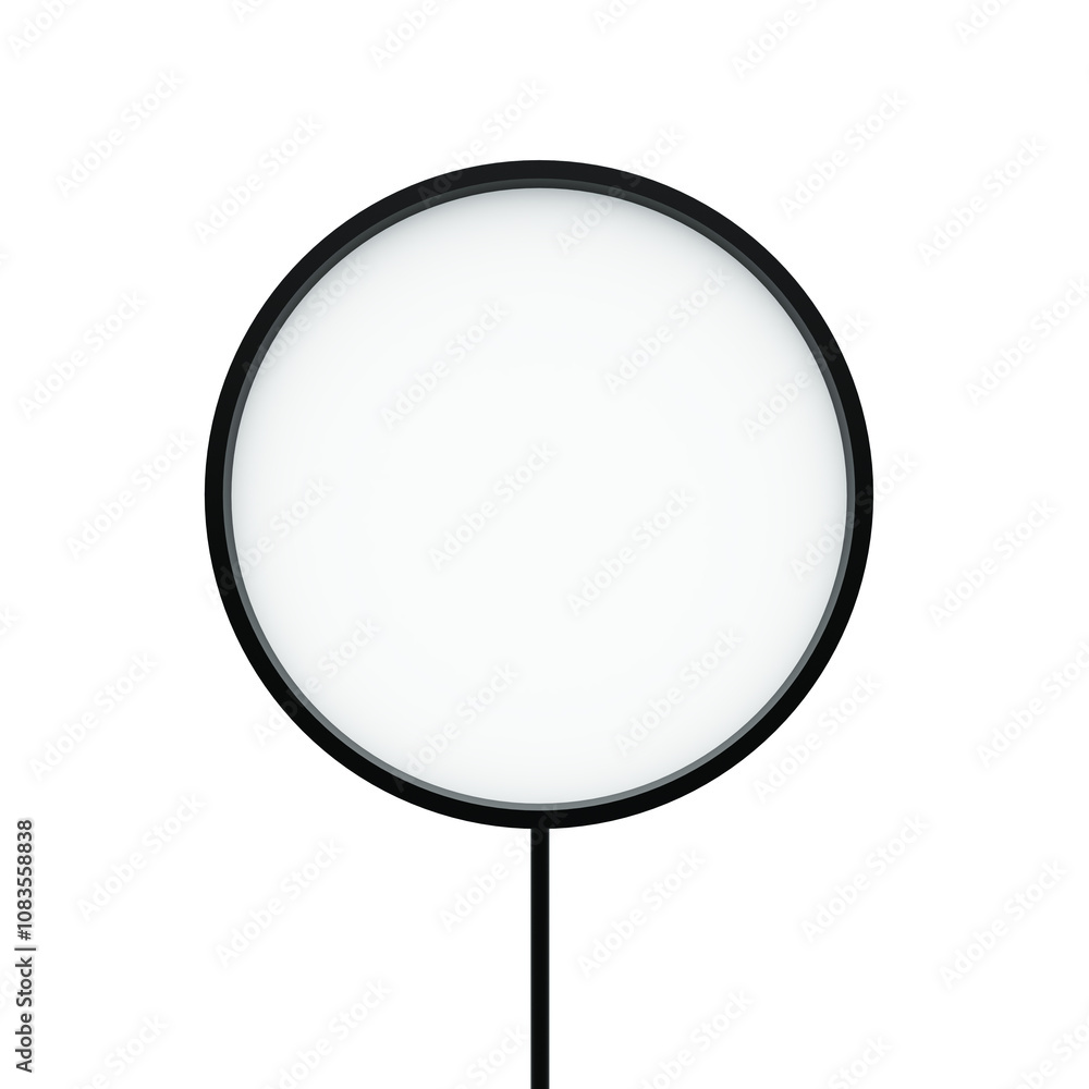 Poster Circular sign mockup isolated on white background. Minimalistic design with a thinframe around the white center. Concept of a signage template. 3D Rendering.