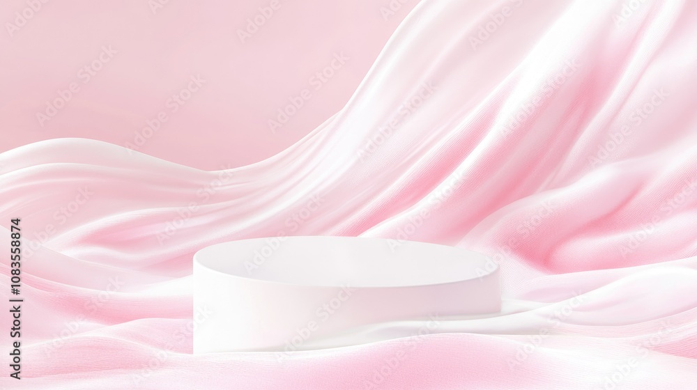 Aufkleber soft pink fabric background with minimalist white display stand for product showcase and presentatio
