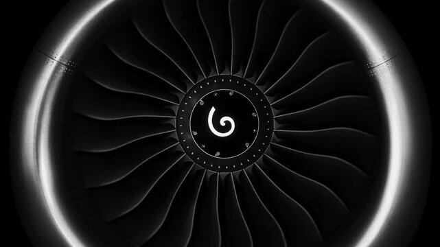 Jet engine against a black background, showcasing the spinning details of the aircraft's turbojet, highlighting its power and precision. Perfect for any aviation, engineering or aerospace technology.