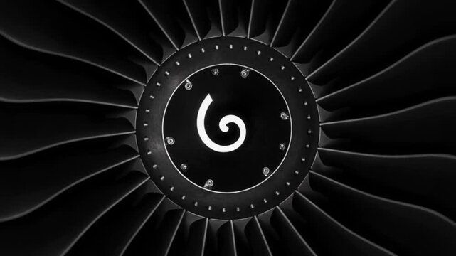 Jet engine against a black background, showcasing the spinning details of the aircraft's turbojet, highlighting its power and precision. Perfect for any aviation, engineering or aerospace technology.