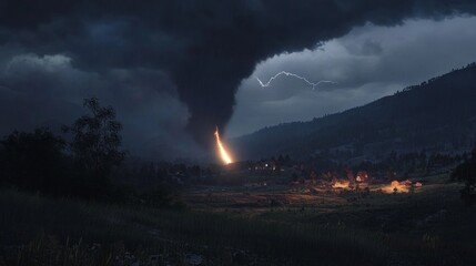 Obraz premium A fire is burning in the sky above a small town