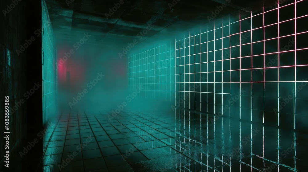 Poster abstract futuristic corridor with glowing grid patterns, vibrant colors, and misty atmosphere creati