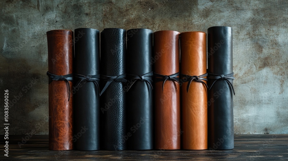 Poster elegant collection of rolled leather scrolls with ties in various shades displayed on a rustic woode
