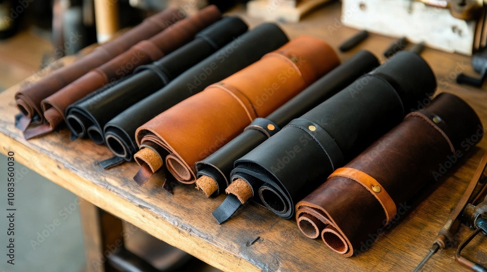Poster a collection of handcrafted leather roll cases displayed on a wooden table in a workshop setting sho