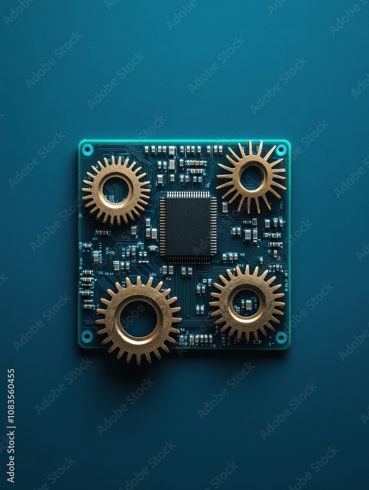 Poster the detailed microprocessor features golden gears, emphasizing the fusion of mechanical and electron