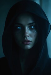 Naklejka premium A mysterious lady with piercing glacier blue eyes, shrouded with dark aura, haunting