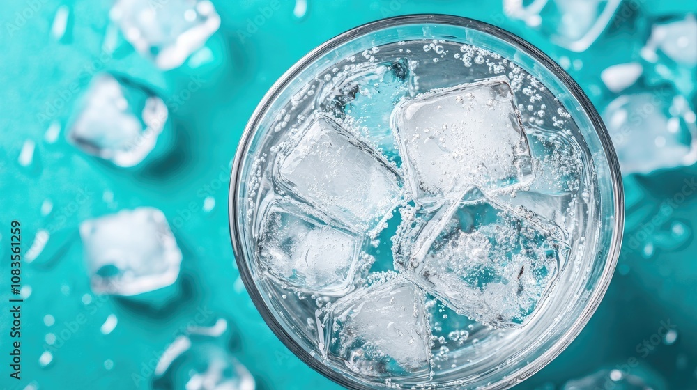 Poster refreshing glass of sparkling water with ice cubes on a bright aqua background creating a cool and i