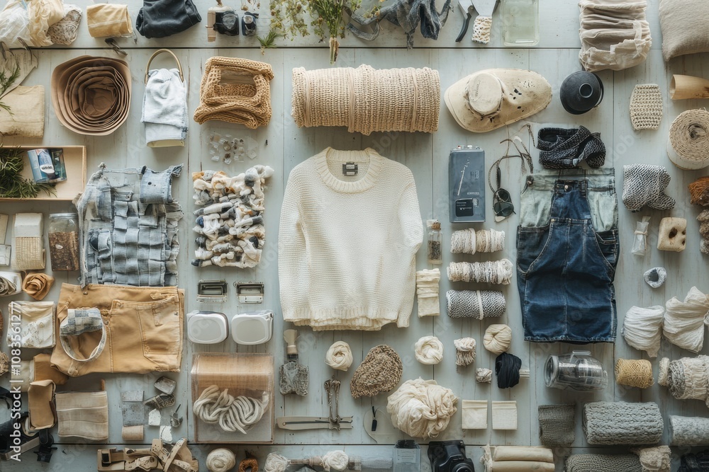 Fototapete An array of eco-friendly recycled and upcycled items laid out neatly, featuring textiles, tools, and sustainable materials in a workshop. Generative AI