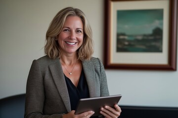 Happy mature 45 years old business woman using tablet for communication, networking and client feedback in office. Corporate lawyer, advocate and technology in law firm for conversation.