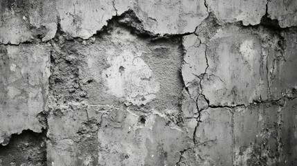 Obraz premium Textured and Weathered Concrete Wall with Cracks in Black and White, Showing the Passage of Time and the Effects of Deterioration in an Urban Environment