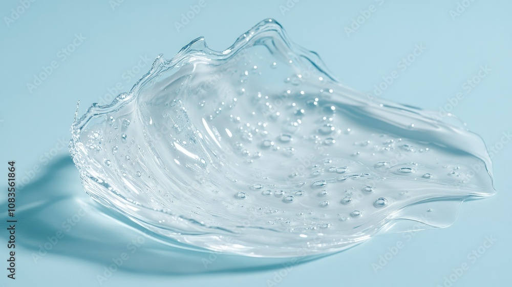 Poster clear splashing water with bubbles on soft blue background, capturing fluid motion and refreshing at