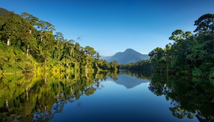 Naklejka premium Serene Lake Surrounded by Lush Tropical Rainforest, Reflecting Towering Trees and Distant Mountain Peaks Under a Clear Blue Sky, Captured for a Scenic Nature Landscape
