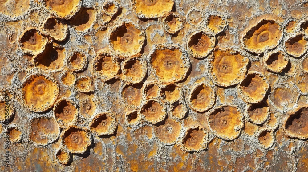 Poster close-up of rusty metal surface with circular patterns, textured background featuring details of wea