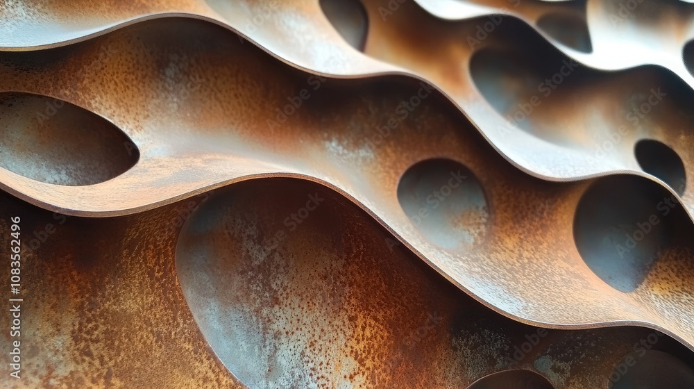 Poster abstract close-up of rusted metal surface showcasing wavy patterns and textures with rich colors and