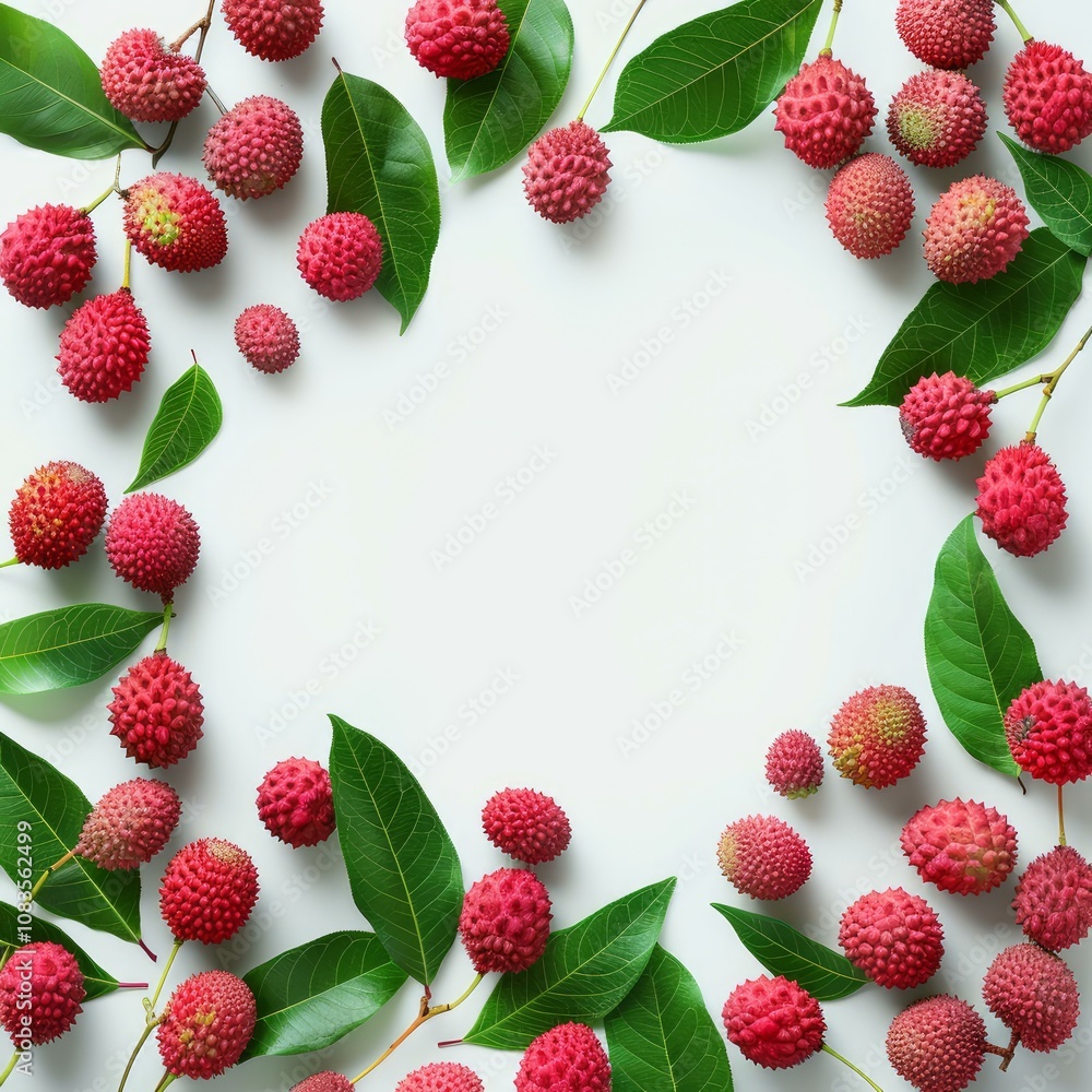 Aufkleber fresh lychees and green leaves arranged in a frame on a white background, creating a vibrant and inv
