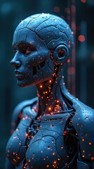 Futuristic Cyborg with Digital Brain on Computer Chip Background