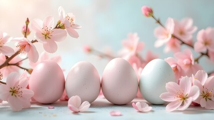 Easter composition of pastel pink and blue eggs with cherry and apple flowers.