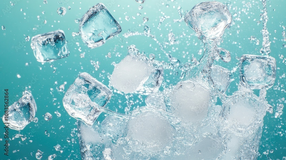 Poster ice cubes splashing into clear water with bubbles creating a refreshing and inviting scene ideal for