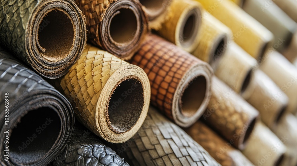 Aufkleber close-up view of various textured rolls of woven leather material displayed in a neat stack for craf