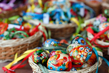 Colorful and painted easter eggs in traditional Easter market.  Easter celebration  is the most ancient and Christian holiday.  Vienna. Austria.
