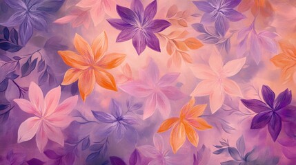 Pink, purple, and orange pastel floral pattern with leaves and flowers