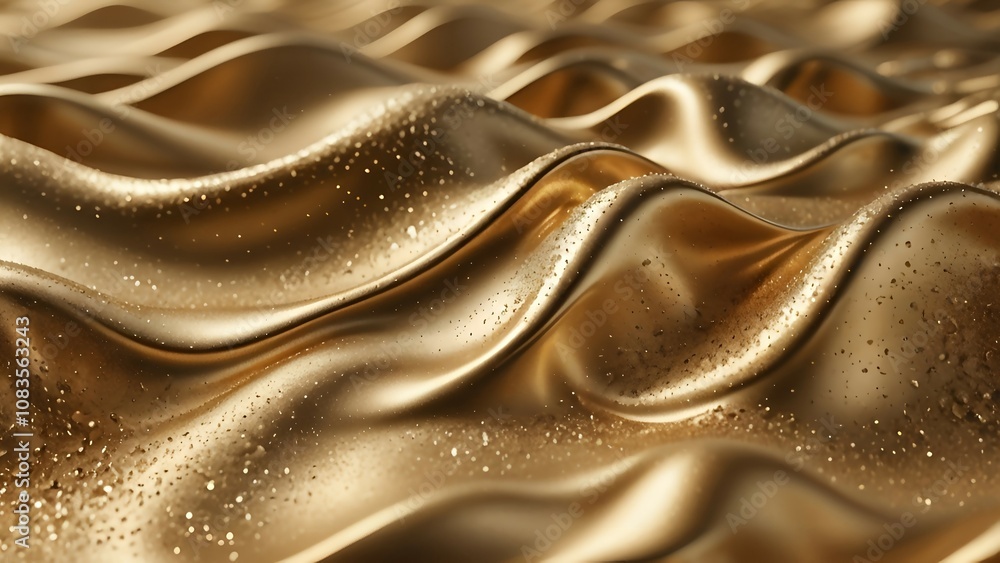 Poster golden silky fabric with undulating waves and sparkling particles.