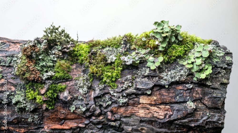 Poster lush green moss and lichen growth on a rustic tree bark surface creating a serene and vibrant natura