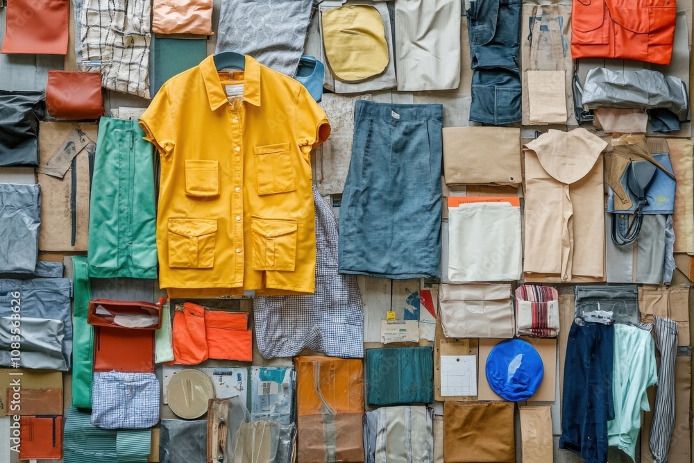 Aufkleber A vibrant display features an array of upcycled clothing and materials arranged creatively on a wall, showcasing sustainability in fashion. Generative AI