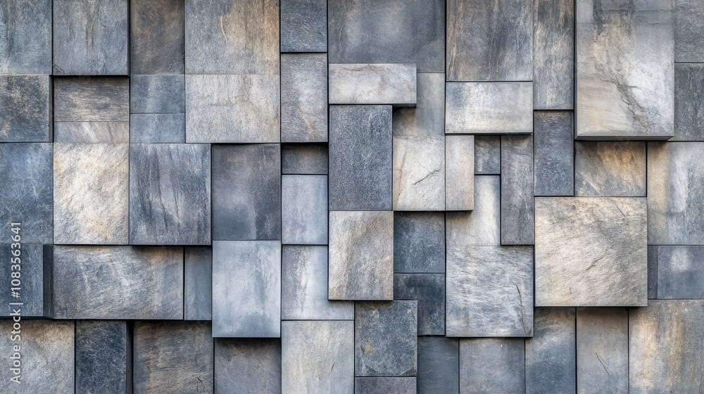 Poster textured gray stone tiles with varied shapes and sizes creating an intriguing decorative wall design