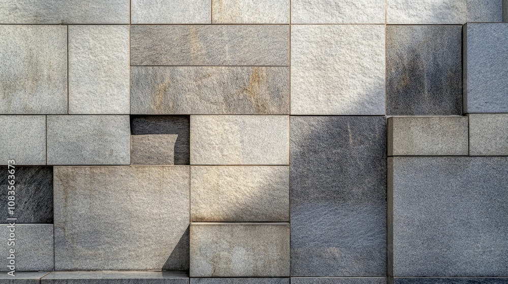 Poster textured gray stone wall featuring various shapes and patterns, showcasing the interplay of light an