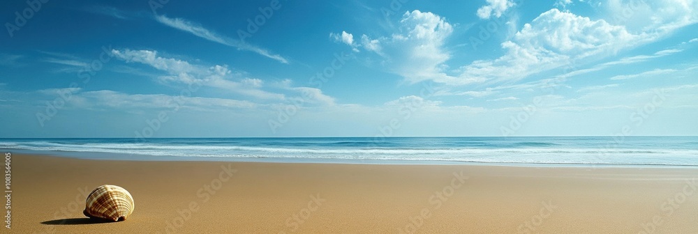 Poster a peaceful sandy beach showcases a single seashell resting on the shore as soft waves roll in beneat
