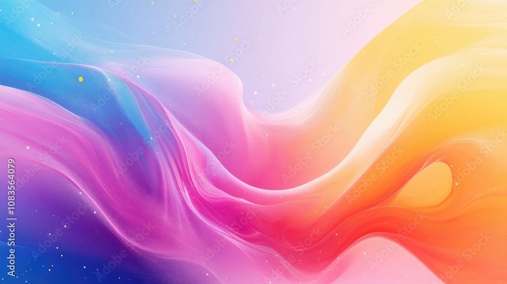 Poster elegant and vivid abstract wave patterns of soft pink, blue, and yellow gradients, creating a dreaml
