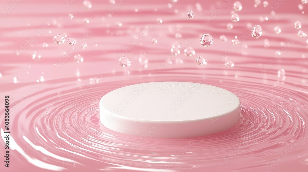 Poster soft pink water splash with a droplet fountain surrounding a smooth white circular object in a tranq