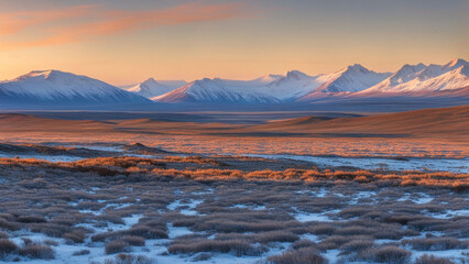Obraz premium Sunrise over snowy mountain range and vast plains.