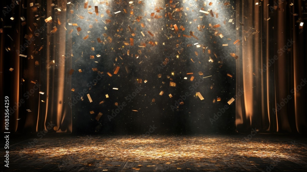 Poster sparkling confetti shower in a dramatic stage setting with soft curtain lighting creating a magical 