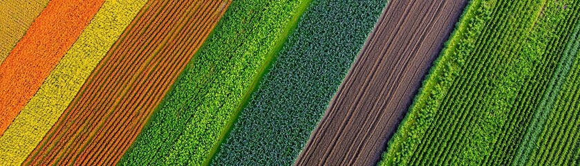 Drone aerial view of multi-crop fields with companion planting, diverse colors showing sustainable farming practices in action