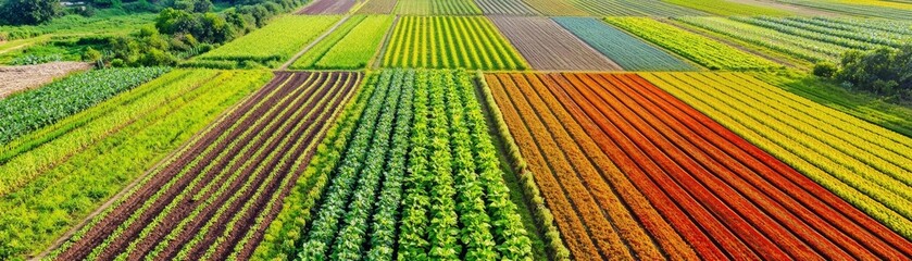 Drone aerial view of multi-crop fields with companion planting, diverse colors showing sustainable farming practices in action