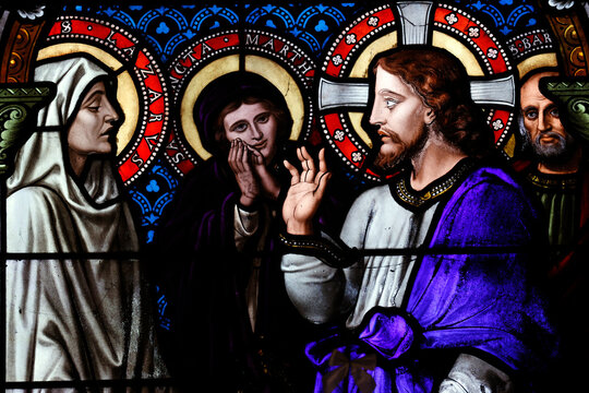 Saint Lazare church.  Stained glass window. Saint Lazarus and Jesus. Avallon.  France.
