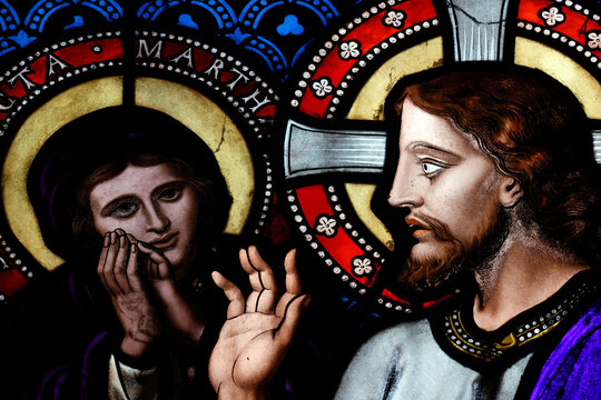 Saint Lazare church.  Stained glass window. Jesus and St Martha.  Avallon.  France.