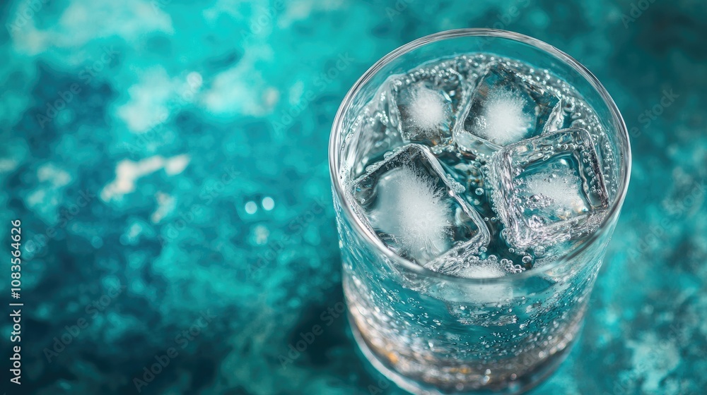 Poster crystal clear beverage with ice cubes in a glass on a vibrant aqua background creating a refreshing 