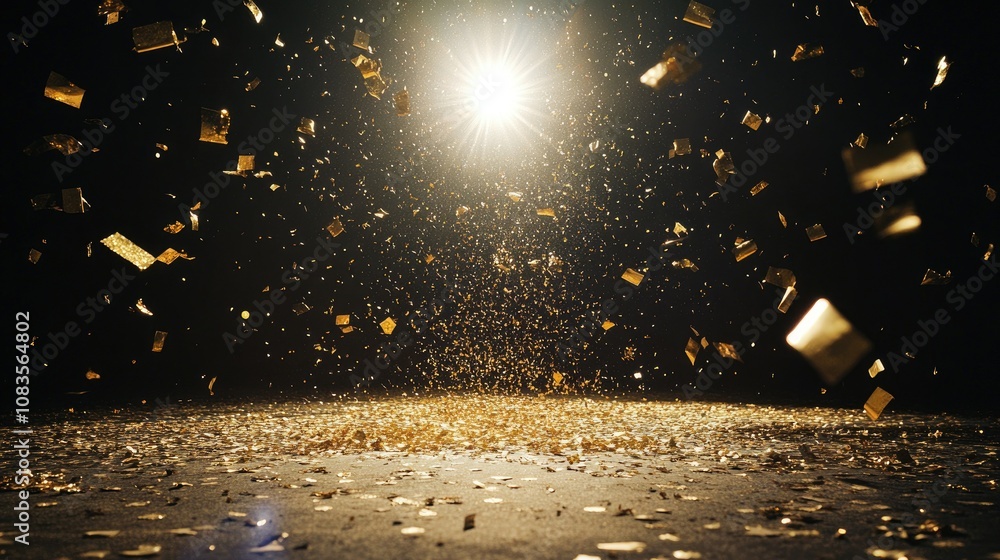 Poster vivid golden confetti explosion with shimmering particles in dark background creating a magical atmo