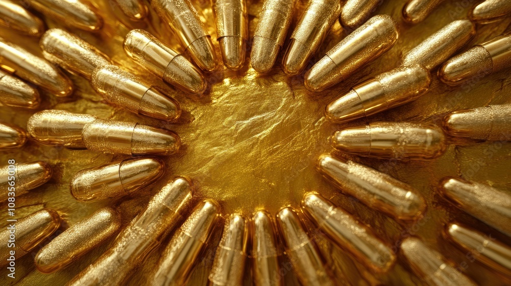 Poster close-up view of golden bullets arranged in a circular pattern highlighting luxury and precision cra